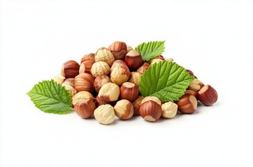 A pile of hazelnuts with leaves, isolated on a white background