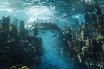 Fototapeta premium Underwater city with stunning architecture and marine life in a serene ocean setting