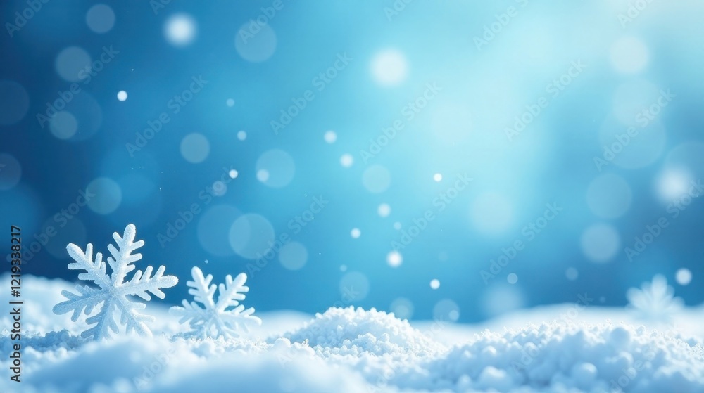Poster winter wonderland serene snowdrift with sparkling snowflakes and soft blue bokeh background