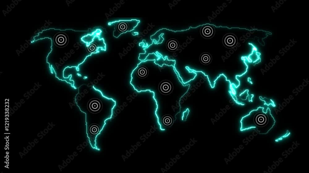 Poster technology radio wave signal animation on earth map. neon earth map icon animated with digital radio