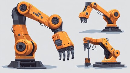 Industrial mechanical arms for assembly and manufacture. conveyor mechanical robot, automation manufacturing and production, industry factory tools illustrations