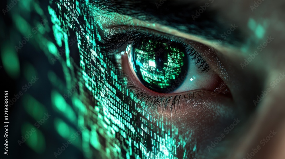 Poster programming coding and man with focus, hologram and trading with cyber security, futuristic and rese
