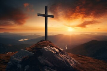 Majestic wooden cross standing on a mountain peak at sunset, inspiring hope, faith, and spiritual reflection