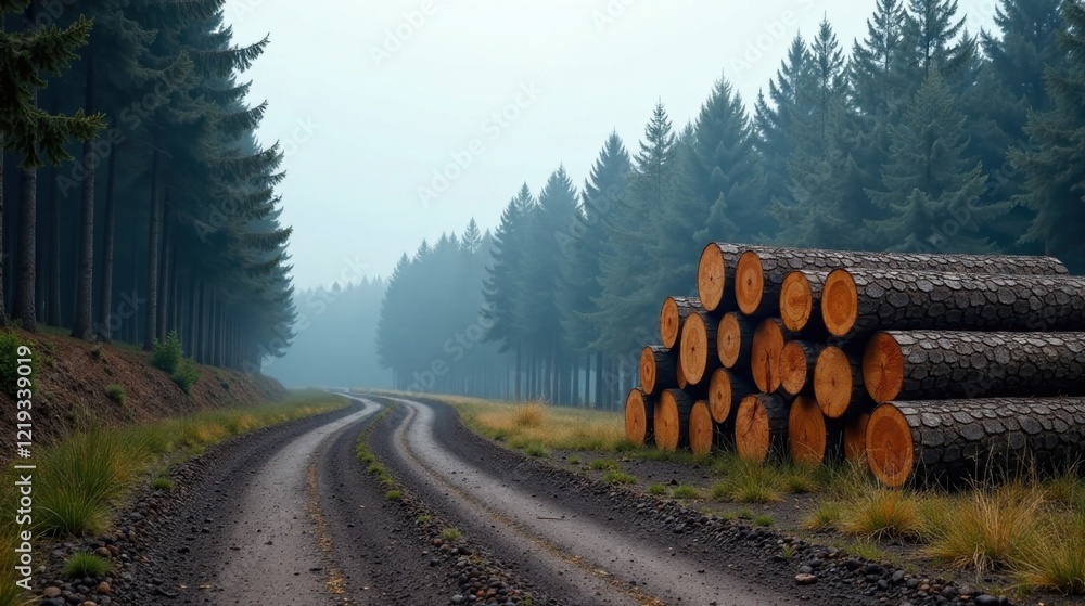Poster serene forest path meanders through misty pines, leading to a stack of freshly cut timber logs besid
