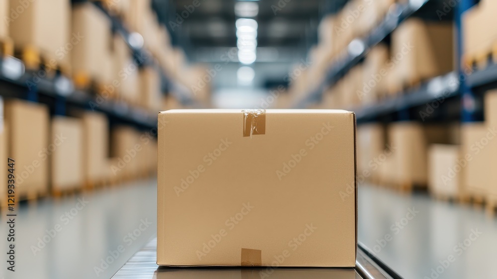 Poster a cardboard box is centered in a large warehouse filled with shelves stacked with more boxes, depict