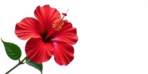 A Vibrant Red Hibiscus Flower with Delicate Petals and Lush Green Leaves Isolated on a Pure White Background, Perfect for Designs and Projects Requiring a Tropical Floral Element