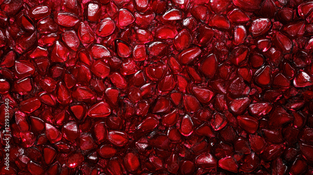 Poster a bold background of pomegranate seeds spread across the surface, their deep red hues and shiny text