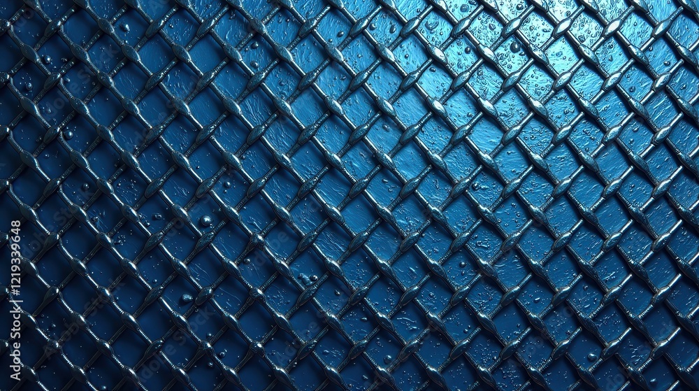Poster A Detailed Close-Up of an Interwoven Metallic Mesh Pattern on a Dark Blue Surface with Subtle Textural Highlights