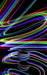 A long exposure photograph. Light painting photography, vibrant fairy lights against a black background