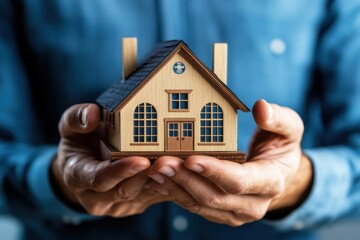 Person holding a wooden model of a house in their hands in a casual indoor setting