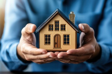 Wooden house model held by a person in a blue shirt indicating a real estate theme in a cozy indoor setting