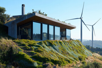 Fototapeta premium Contemporary home integrated with nature, wind turbines, and eco-friendly architecture.