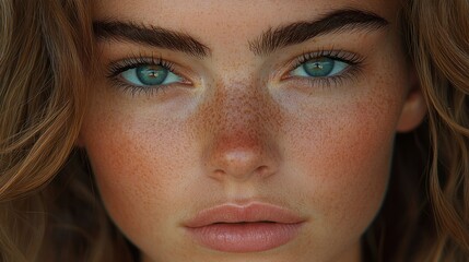 Fototapeta premium Freckled woman, beach portrait, sunlit skin, ocean blur, beauty ad