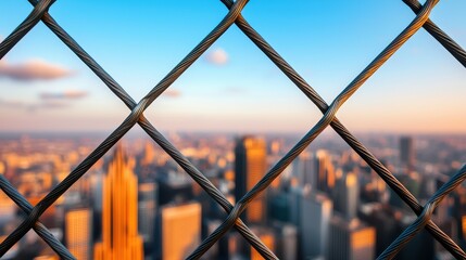 Acrophobia, Fear of Heights Concept, A dizzying view through steel grating high above a bustling cityscape at sunset highlighting urban architecture