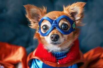 Adorable chihuahua dog wearing superhero costume and mask, embodying bravery and strength