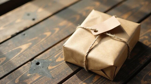 A simply wrapped gift package rests on a rustic wooden surface, bathed in sunlight, awaiting its recipient.