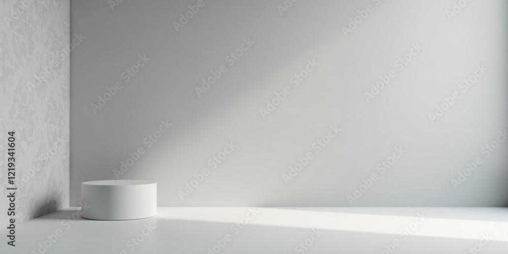Poster A Minimalist White Room Setting with a Cylindrical Display Platform and Textured Wall