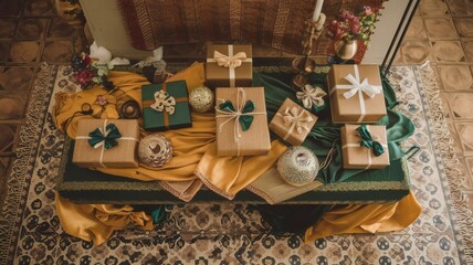 An artistic arrangement of Eid gifts, including wrapped presents, decorative boxes, and lanterns, placed elegantly on a table with golden and green fabrics.