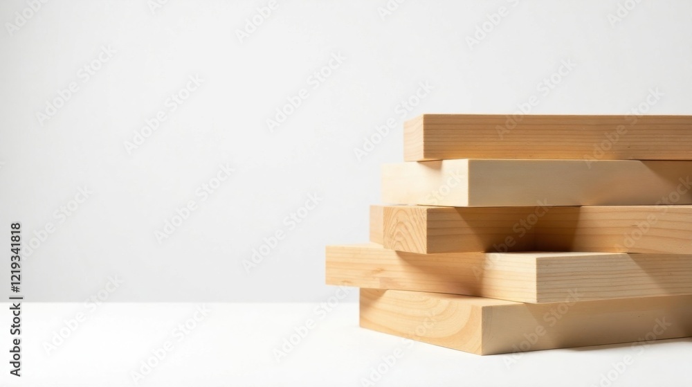 Leinwandbilder a stack of unfinished light wooden blocks arranged in an asymmetrical formation against a simple whi