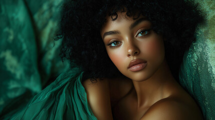 Professional Studio Portrait of a Female Model in Emerald Green Tones – Perfect for Nature Brands
