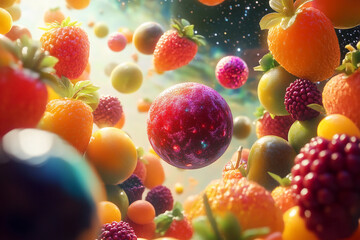 Bountiful fruit orbits in a cosmic landscape, blending nature and the universe seamlessly