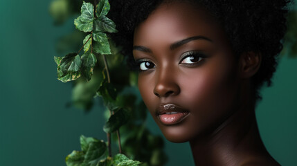 Professional Studio Portrait of a Female Model in Emerald Green Tones – Perfect for Nature Brands