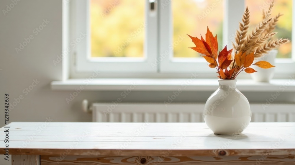 Poster autumnal arrangement of dried leaves and grasses in a simple vase on a rustic wooden table
