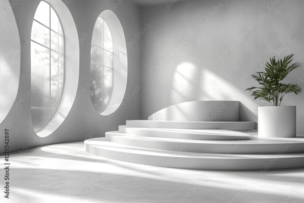 Aufkleber a minimalist space with round windows and a single plant, suitable for interior design or architectu