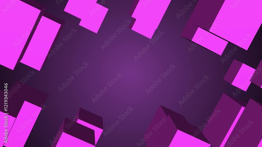 Poster 3d animation of pink rectangular shapes rotating around a central point on a purple background.