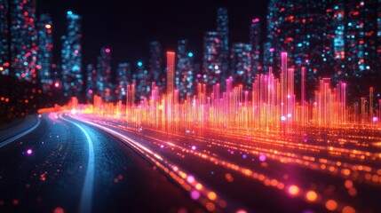 Futuristic highway, city lights, night drive, digital data flow, tech advert