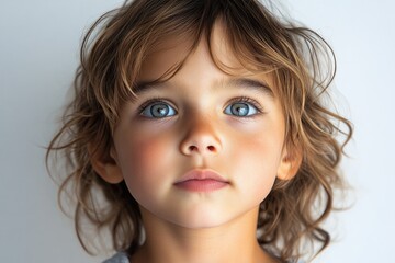 A close-up shot of a young child's face with bright blue eyes, suitable for various uses such as family photography or marketing materials