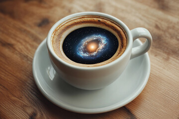 Coffee cup with swirling galaxy design creating an imaginative cosmic effect in a cozy cafe setting