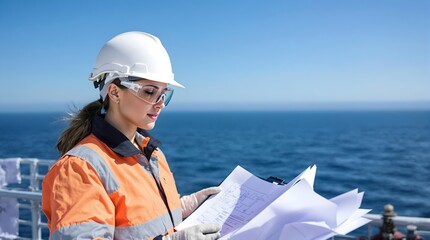 Female oil rig engineer reviewing plans on offshore platform