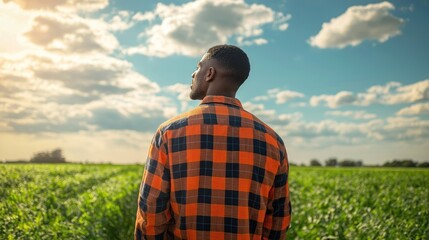 African American man stands in field. Looks at sky. Sunny day. Landscape scenery. Countryside scene. Man looking for inspiration, freedom. Image represents hope, aspiration. Bright light, vast sky