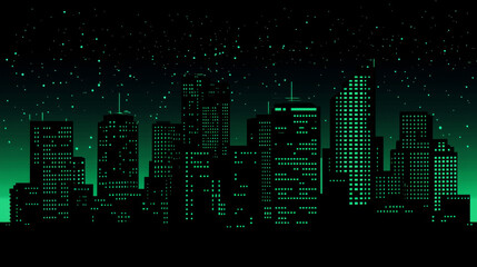 A clean, sharp black outline of a city skyline with glowing green windows scattered across the buildings, creating a cyberpunk atmosphere 