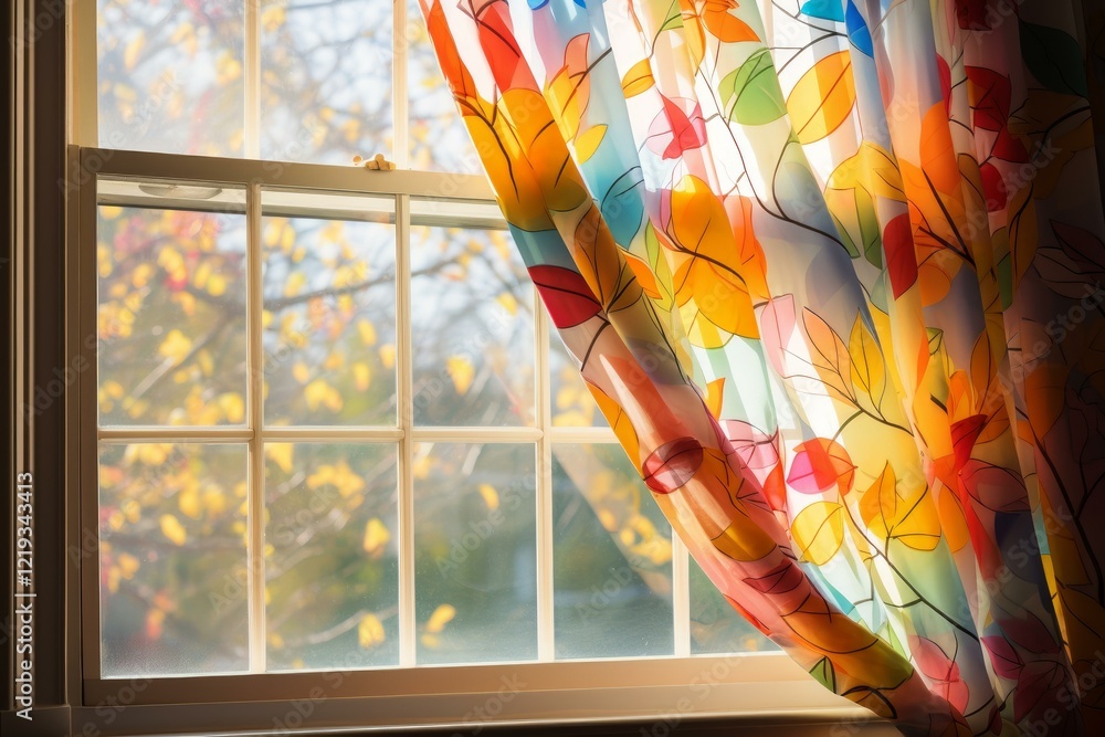 Aufkleber sunlight streams through a window with colorful autumn leaves visible behind a vibrant curtain