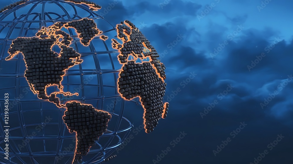 Poster a 3d render of a globe with orange glowing outlines on a dark cloudy background for business