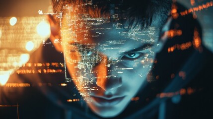 Hacker programmer using computer with abstract html code. Safety and programming concept. Double exposure