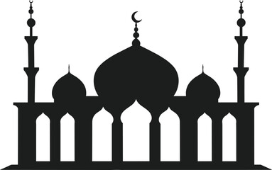 Islamic Mosque Silhouette with Minarets and Crescent Moon Vector Illustration