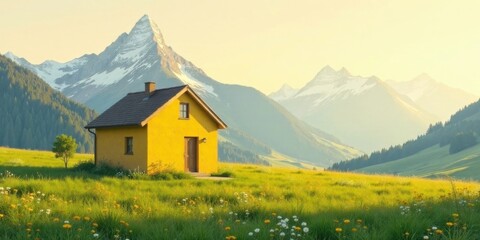 Serene Yellow House on a Verdant Meadow, Backdropped by Majestic Mountains at Golden Hour