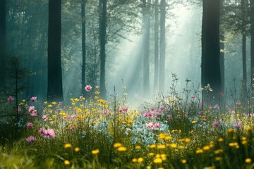 Obraz premium Serene Forest Landscape with Colorful Wildflowers Illuminated by Soft Sunlight Filtering Through Trees in a Dreamlike Atmosphere