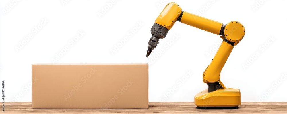 Poster a robotic arm is positioned above a cardboard box, showcasing automation and precision in packaging 