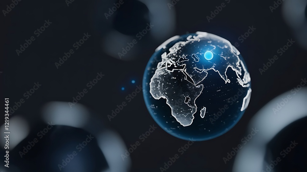 Poster global network business concept displaying a transparent globe with a blue point light on top