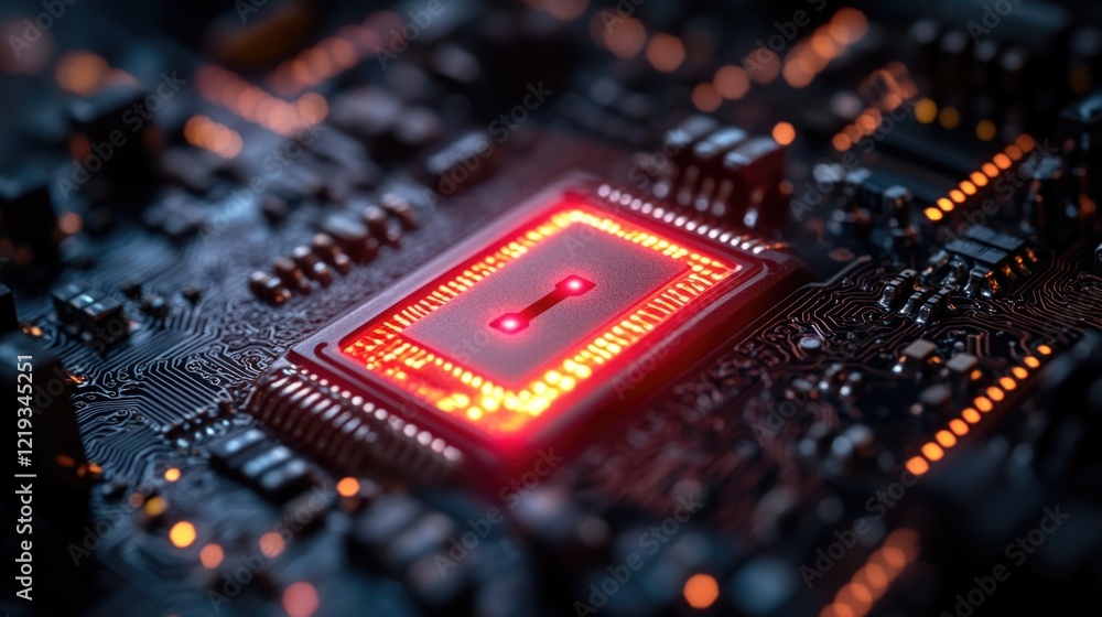 Poster close-up shot of a circuit board with a single red light emitting from one of the components