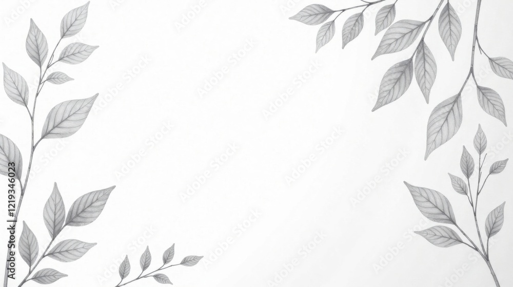 Poster Elegant grayscale botanical illustration featuring delicate leaves and branches arranged in a frame, providing a clean and minimalist design ideal for various applications.