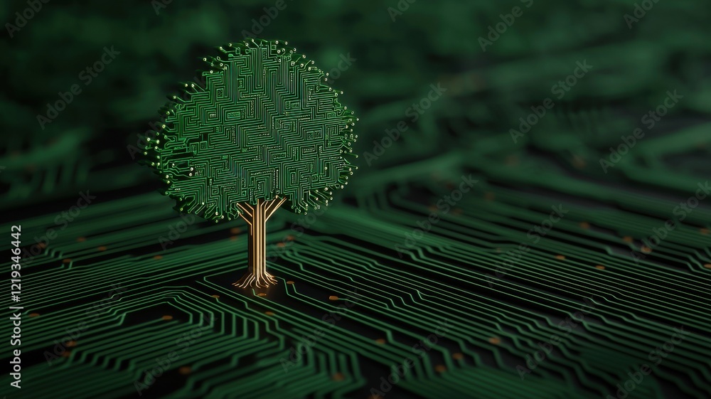 Poster a digital tree stands alone on a green circuit board, symbolizing the intersection of nature and tec