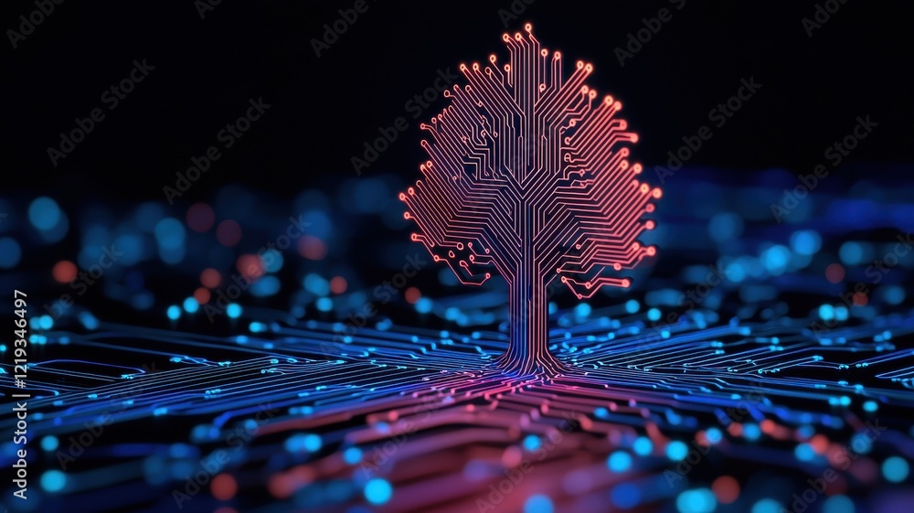 Aufkleber a digital tree grows from a circuit board, symbolizing the fusion of nature and technology through v