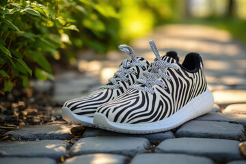 Zebra print sneakers on a stone pathway with greenery in the background