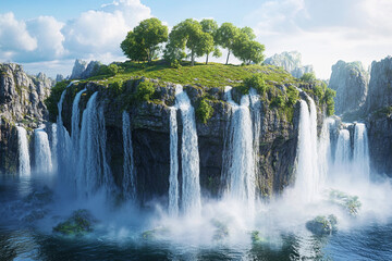 Fototapeta premium Majestic floating island with waterfalls cascading into misty clouds at sunrise
