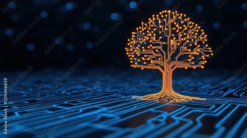 Poster a glowing tree with a circuit board background, symbolizing the fusion of nature and technology in a
